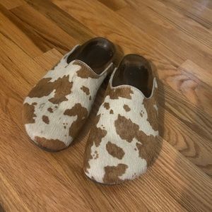 Birkis birkenstock calf hair cow print clogs